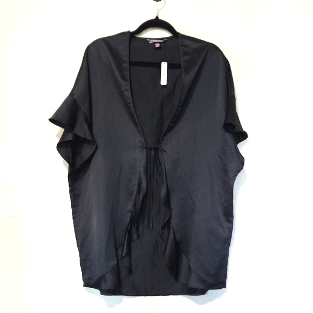 NWT Victoria's Secret Black Sexy Satin Ruffle Kimono One Size